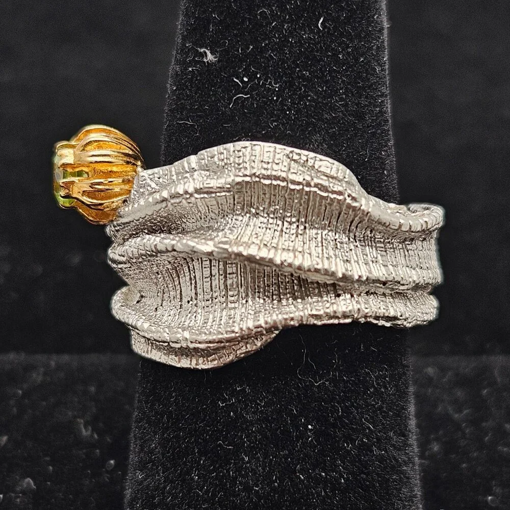 German Kabirski 925 Silver Blessing Peridot Ring sz 7.5 Gold Plated Rhodium